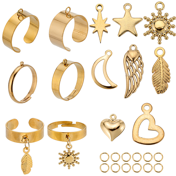 Набор для самостоятельного изготовления кольца-манжеты, включая 304 основания для колец-петлей из нержавеющей стали, переходные кольца и подвески, солнце, звезда, луна, крыло и лист