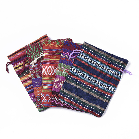 Ethnic Style Cotton Packing Pouches Bags, Drawstring Bags, with Random Color Drawstring Cord, Rectangle