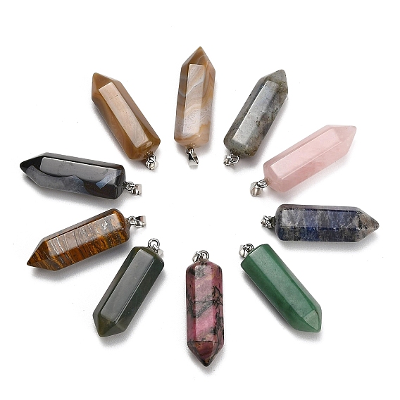 Natural & Synthetic Gemstone Pendants, Hexagon Charms, with 304 Stainless Steel Snap on Bails, Stainless Steel Color