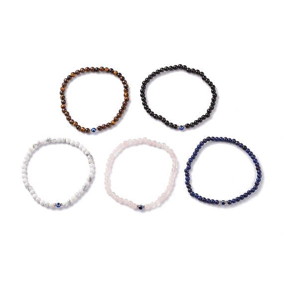 Natural Mixed Gemstone Beaded Bracelets, with Evil Eye Resin Beads