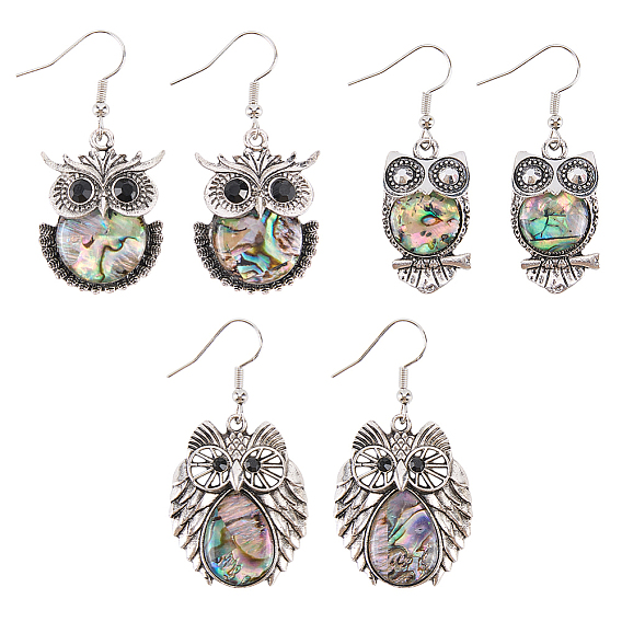 3 Pairs 3 Styles Alloy Dangle Earrings, with Shell, Antique Silver