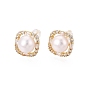 Square Brass Micro Pave Clear Cubic Zirconia Stud Earrings, with Natural Pearl