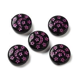 Opaque Acrylic Beads, Flat Round with Star and Moon