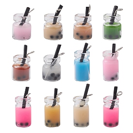 12 pcs 2 styles pendentifs de bouteilles en verre, avec de la résine à l'intérieur, imitation thé à bulles/thé au lait boba