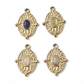 Vacuum Plating 201 Stainless Steel Natural Gemstone Pendants, Real 18K Gold Plated, Oval Charms
