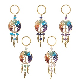 Gemstone Keychain, with Iron Split Key Rings, Alloy Wing Charms and Mixed Gemstone Tree of Life Linking Rings