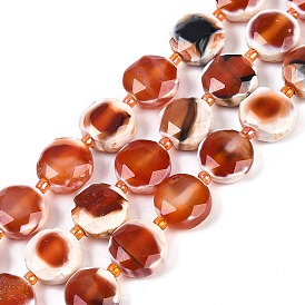 Natural Fire Crackle Agate Beads Strands, with Seed Beads, Faceted Hexagonal Cut, Flat Round