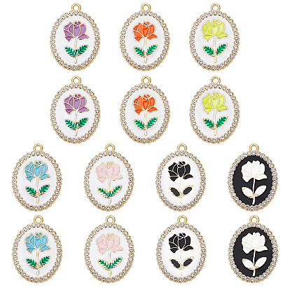 14Pcs 7 Colors Rack Plating Alloy Enamel Pendants, with Crystal Rhinestone, Cadmium Free & Nickel Free & Lead Free, Light Gold, Oval Charms with Flower of Life