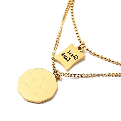 Flat Round & Rectangle Pendants Double Layer Necklace, Ion Plating(IP) 304 Stainless Steel Word Good Luck Necklace for Women