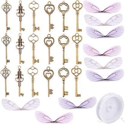 Тибетский сплав стиля большие кулоны, с органзой, Эластичная кристальная нить, ключ и крыло