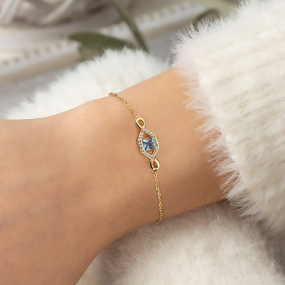 925 Sterling Silver Eye Link Bracelet for Women, with Deep Sky Blue Cubic Zirconia, with S925 Stamp