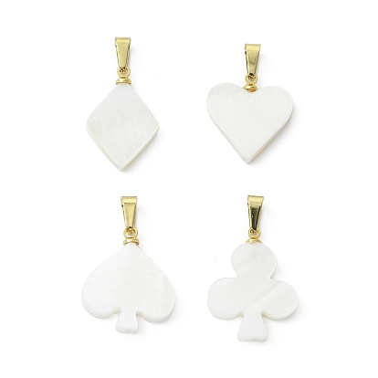 4шт. 4 стили подвесок из натуральных пресноводных ракушек, прелести игральных карт, с 304 результатами из нержавеющей стали и латуни, белые