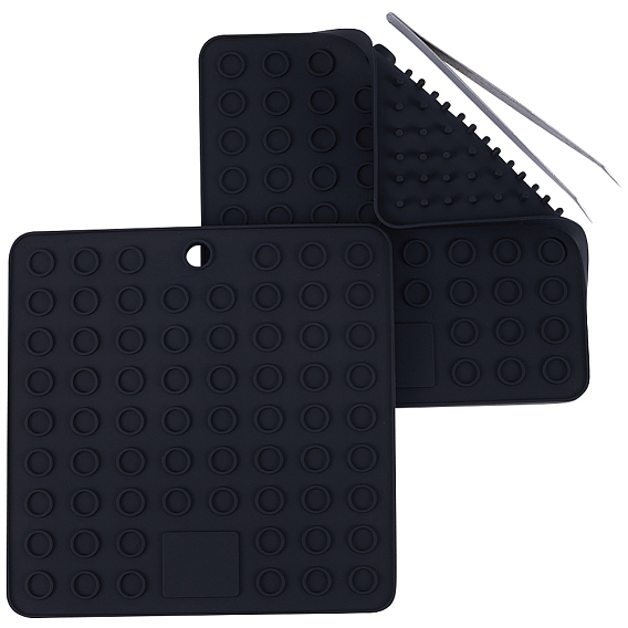 2Pcs Square Silicone Hot Mats for Hot Dishes, Heat Resistant Pot Holder, Heat Insulation Pad Kitchen Tool, with 1Pc Iron Beading Tweezers