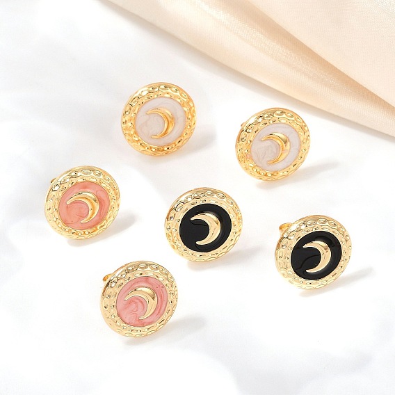 304 серьги-гвоздики из нержавеющей стали с эмалью, круглые, плоские, с луной, реальный 18 k позолоченный, вакуумное покрытие pvd