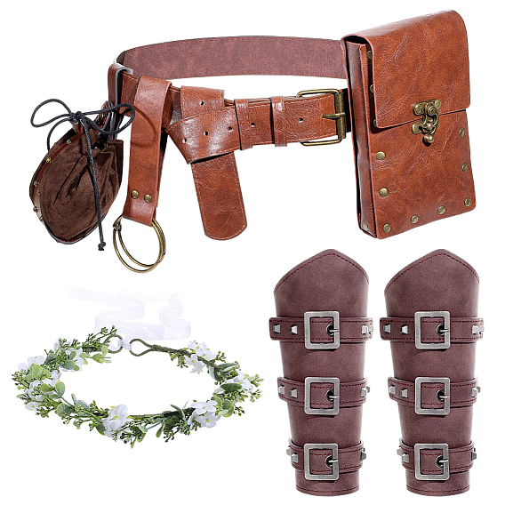 PU Leather Wrist Guard, Medieval Viking Renaissance Clothing Accessories, Rectangle PU Leather Medieval Belt Ba, Plastic Leaf Flower Wreath Headband