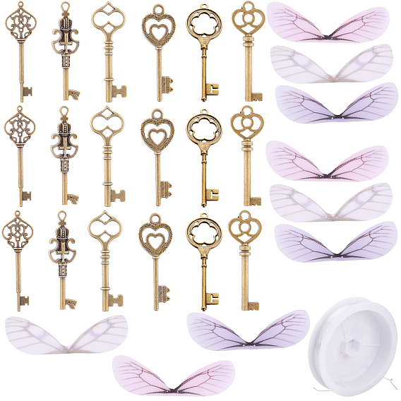 Тибетский сплав стиля большие кулоны, с органзой, Эластичная кристальная нить, ключ и крыло