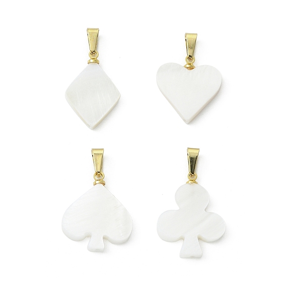 4шт. 4 стили подвесок из натуральных пресноводных ракушек, прелести игральных карт, с 304 результатами из нержавеющей стали и латуни, белые