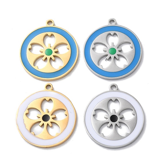 304 Stainless Steel Pendants, with Enamel, Flat Round with Sakura Charm
