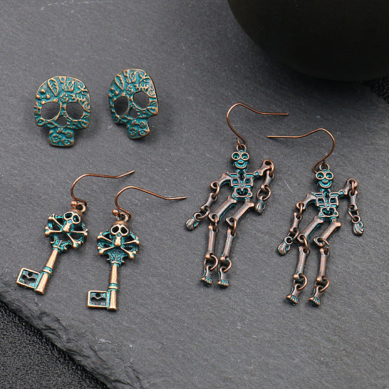Punk Rock Style Halloween Alloy Earrings Sets, Skull & Human Skeleton & Skeleton Key, Green Patina