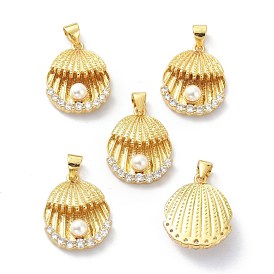 Brass Clear Cubic Zirconia Pendants, Long-Lasting Plated, with Acrylic Pearl Beads, Shell, Lead Free & Cadmium Free