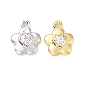 Eco-friendly Brass Micro Pave Clear Cubic Zirconia Pendants, Cadmium Free & Lead Free, Long-Lasting Plated, Flower with Heart