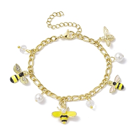 Bracelet à breloques en forme d'abeilles en alliage et perles de coquillage, avec 304 chaînes figaro en acier inoxydable
