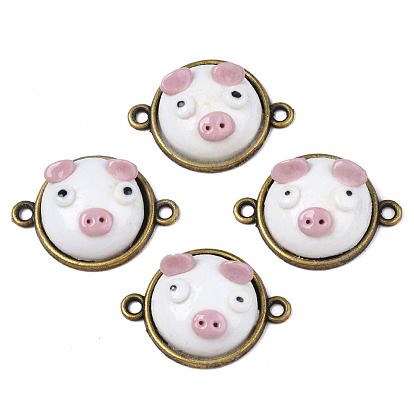 Handmade Porcelain Connector Charms, with Antique Bronze Plated Brass Findings, Famille Rose Style, Pig