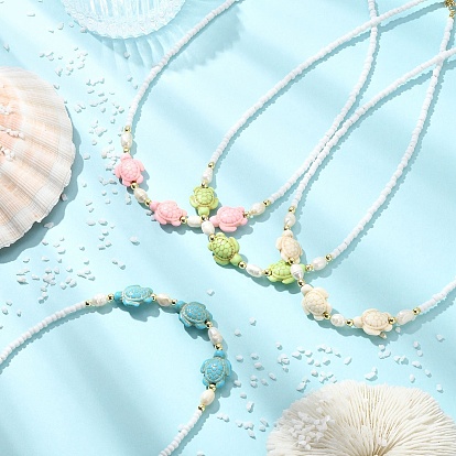 Ocean Sea Animals Synthetic Turquoise & Natural Cultured Freshwater Pearl & Glass Seed Beaded Necklaces for Women, Golden, Mixed Color