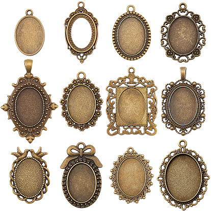 12Pcs 12 Styles Tibetan Style Zinc Alloy Pendant Cabochon Settings, Cadmium Free & Nickel Free & Lead Free, Mixed Shapes
