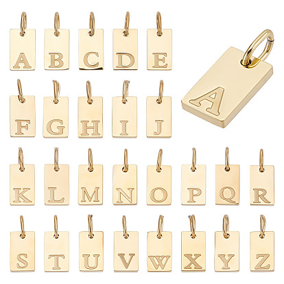 1 Beutel 26 Stück 304 Edelstahlanhänger, Rechteck mit Buchstaben a ~ z, mit Ringe springen