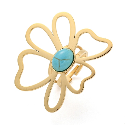 Fleur 304 bagues réglables en acier inoxydable pour femmes, avec des perles turquoises synthétiques
