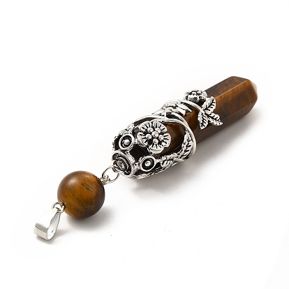 Natural Tiger Eye Big Pendants, Faceted Bullet Charm, with Antique Silver Tone Alloy Flower Findings