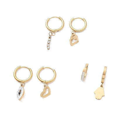3 Pair 3 Style Tassel & Heart & Hamsa Hand Crystal Rhinestone Asymmetrical Earrings, 304 Stainless Steel Dangle Hoop Earrings for Women