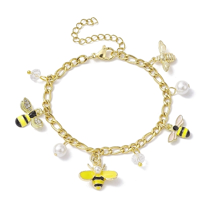 Shell Pearl & Alloy Enamel Bees Charm Bracelet, with 304 Stainless Steel Figaro Chains