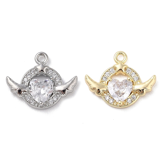 Brass with Cubic Zirconia Charms, Heart with Wing