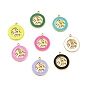 304 Stainless Steel Enamel Pendants, Golden, Flat Round with Leaf Charm