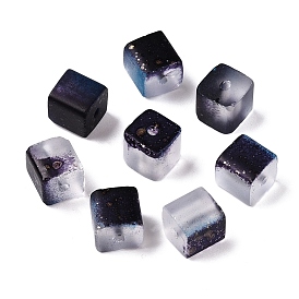 Frosted Glass Beads with Golden Glitter Powder, Two Tone, Cuboid