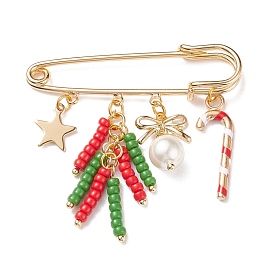 Christmas Candy Cane & Star & Bowknot Charms Alloy Safety Pin Brooch, Shell Pearl Beaded Lapel Pin for Women