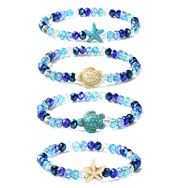 Electroplated Glass Beaded Stretch Bracelets, Summer Beach Dyed Synthetic Turquoise Starfish/Turtle Bracelets