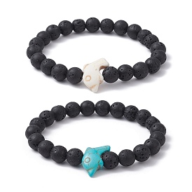 2pcs 2 ensemble de bracelets extensibles en pierre de lave et dauphin turquoise synthétique de couleur, bracelets empilables