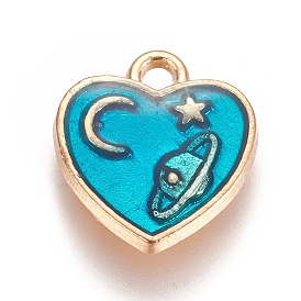 Zinc Alloy Charms, with Enamel, Heart with Moon and Star, Light Gold