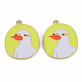 Rack Plating Alloy Pendants, with Enamel, Cadmium Free & Lead Free, Flat Round with Duck, Light Gold
