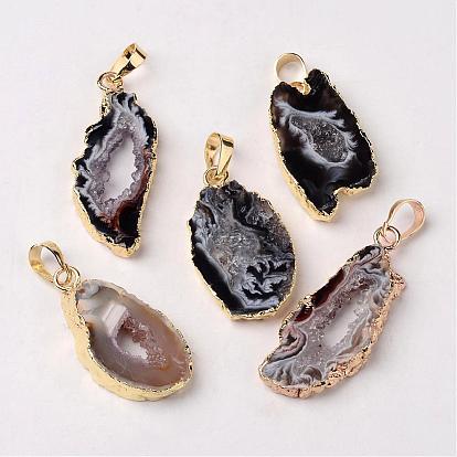 Mixed Golden Tone Brass Natural Druzy Agate Pendants, Nuggets