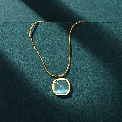 304 Женские ожерелья в форме змеи с квадратным кулоном из нержавеющей стали и темно-бирюзового кошачьего глаза, ионное покрытие (ip)