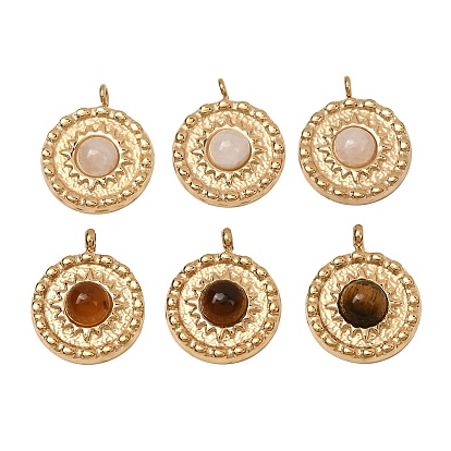 Colgantes de piedras preciosas naturales, 304 Dijes redondos planos con bisel de acero inoxidable, revestimiento de iones (ip), real 14 k chapado en oro