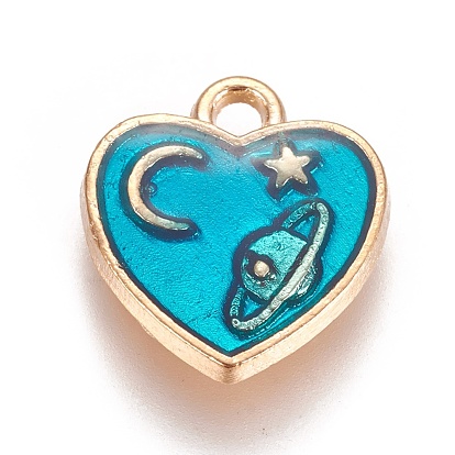 Zinc Alloy Charms, with Enamel, Heart with Moon and Star, Light Gold