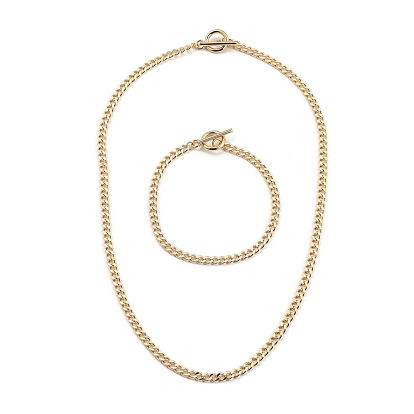 Brass Curb Chain Bracelets & Necklaces Jewelry Sets, with 304 Stainless Steel Toggle Clasps