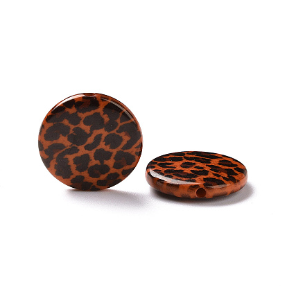 Printed Opaque Acrylic Beads, Flat Round with Leopard Print Pattern