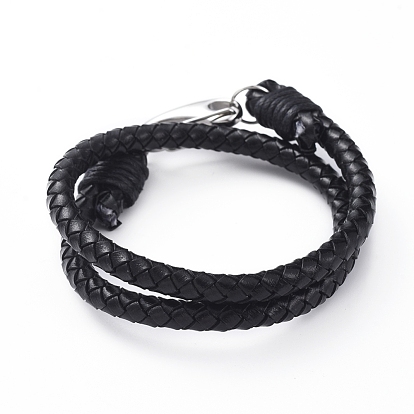 Pulseras del abrigo del cuero trenzadas, dos bucles, con cordón de algodón encerado, 304 anillos de salto abiertos de acero inoxidable y cierres de llave de presión de puerta de empuje suave