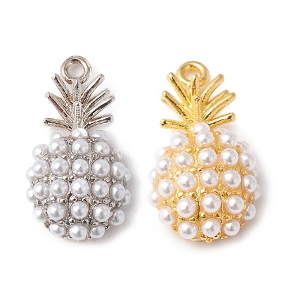 Eco-Friendly Rack Plating Brass Pendants, with Acrylic Imitation Pearl Beads, Long-Lasting Plated, Lead Free & Cadmium Free, Pineapple